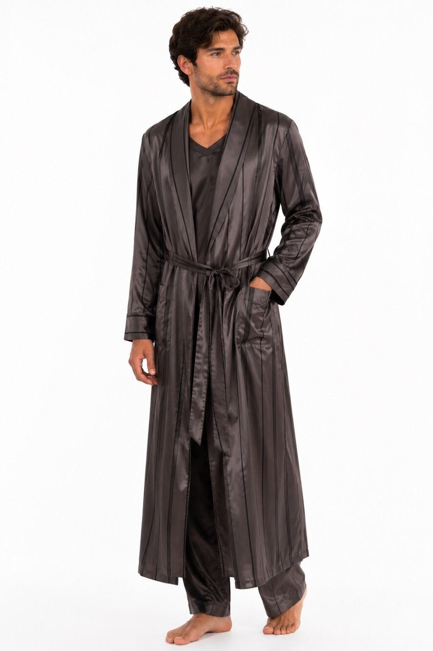 Vintage Countess Mara 100% Silk Silver And Black Stripe Long Men’s Robe RARE
